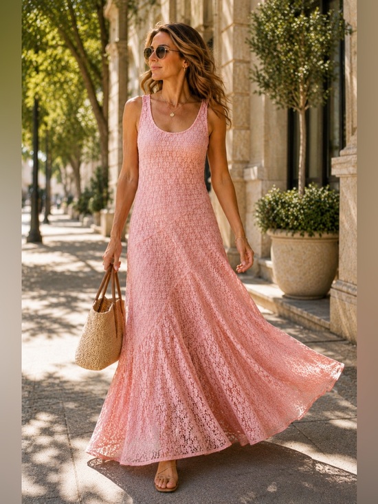 J. Crew Dresses & Skirts - J.Crew Pink Sheer Floral Lace Maxi Dress Nude Slip Overlay Size Small/Medium